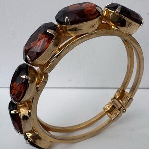 Vintage bracelet gold tone Smokey topaz rhinestones hinged clamper MCM